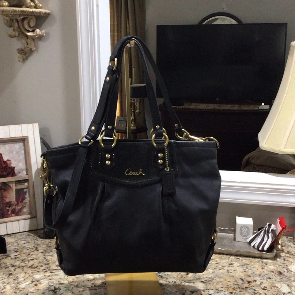 Coach Ashley Designer Black Tote with Gold Accents Crossbody Purse Handbag